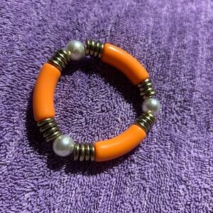 Orange Beaded Stretch Bracelet with Gold Accents and Pearl Beads